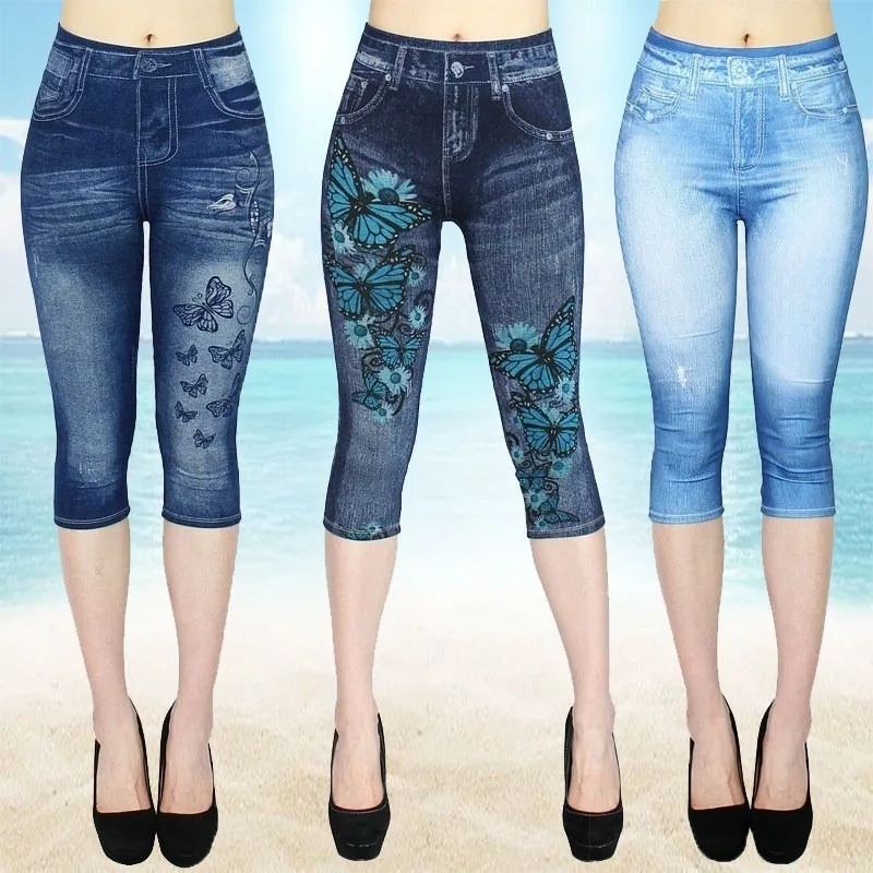 Women Print Imitation Denim Leggings Skinny Stretchy Cropped Pants Outdoor Jogging Walking Fashion High Waist Leggings