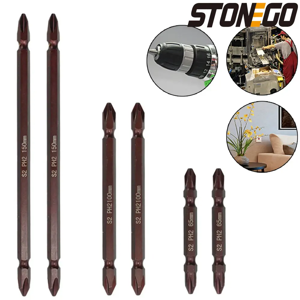 STONEGO 2PCS/10PCS PH2 S2 Alloy Steel Magnetic Double Head Electric Screwdriver Bits for Power Tools Hand Tools 65mm/100mm/150mm
