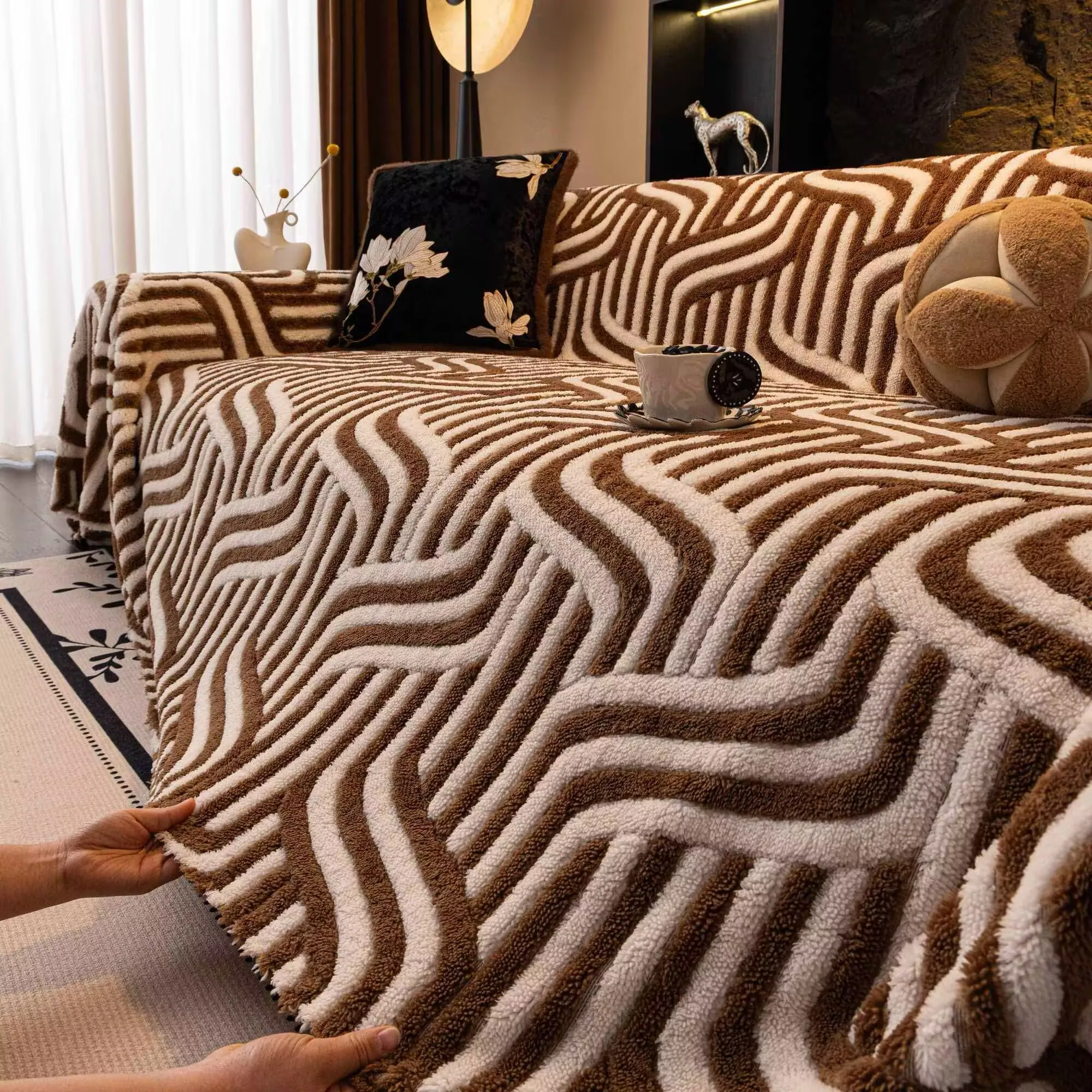 Color Block Plush Sofa Towel Thickened Dustproof Wear-Resistant Full Large Size Sofa Cover Anti-Cat Scratched Lazy Sofa Blanket