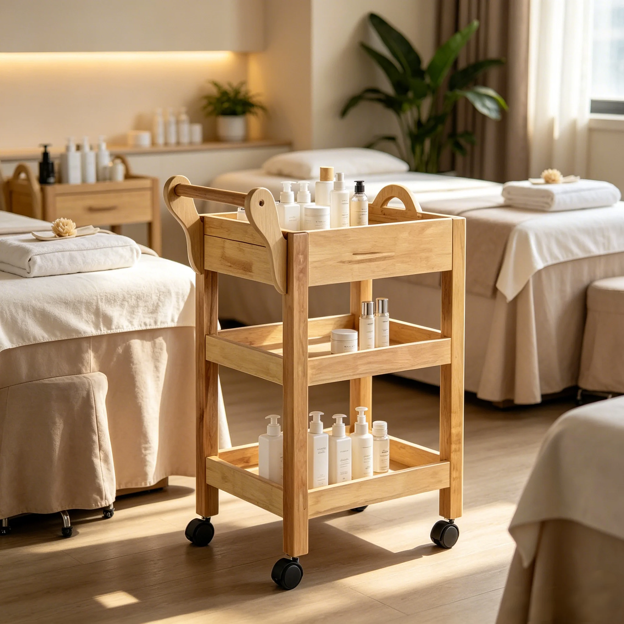 High Quality Modern Solid Wood Durable Easy Moving Universal Wheel Salon Trolley Beauty Salon Barber Shop Furniture