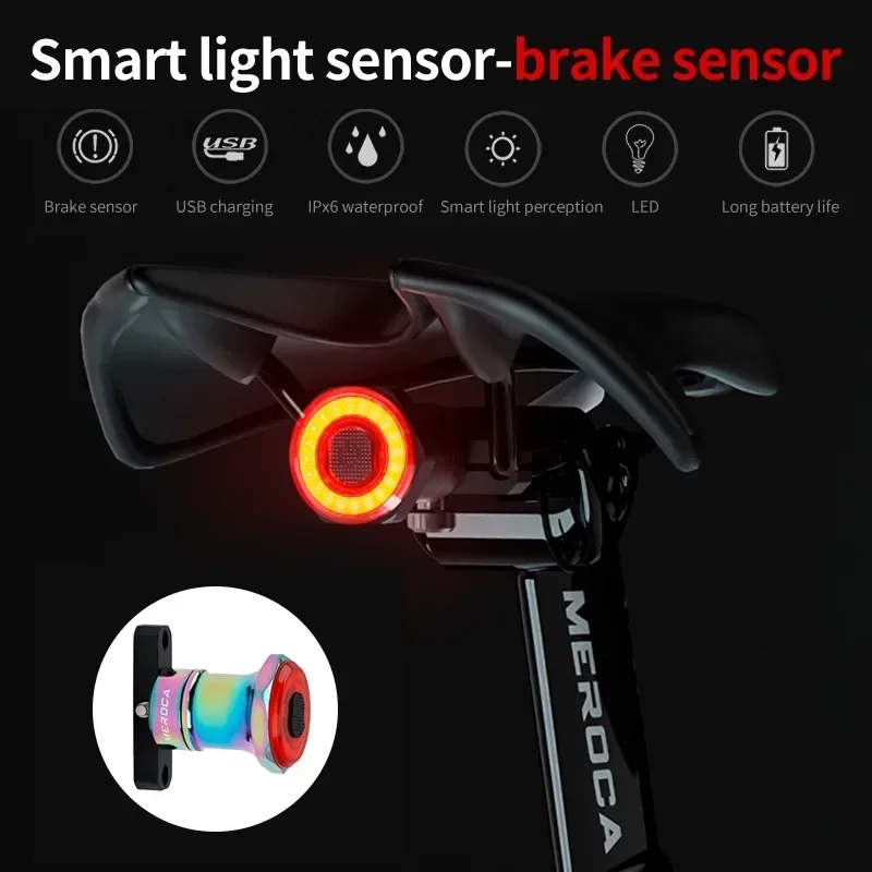 MEROCA WR25 Bike Tail Light Smart Sensing MTB Road Bike Rear Light IPX6 Waterproof Type-C Charging Taillight Cycling Accessorie