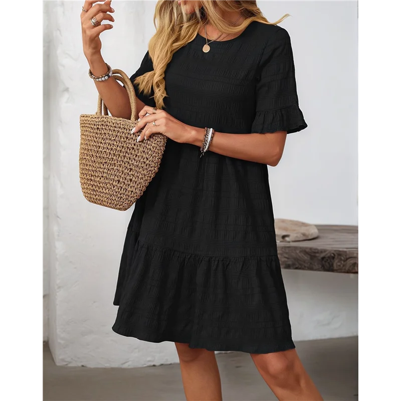 FX-Vestiti estivi da donna 2025 Manica a sbuffo Girocollo Vita alta Smocked A-Line Abito longuette fluido e ampio