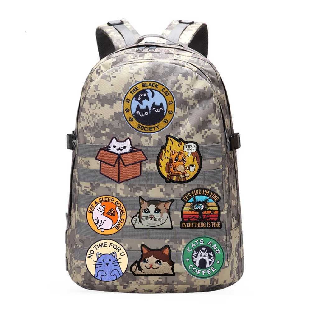 Outdoor Bag Accessories Animal Cat Series THIS IS FINE Coffee Anime Embroidery Box Badge Top Personality Creative Backpack Patch