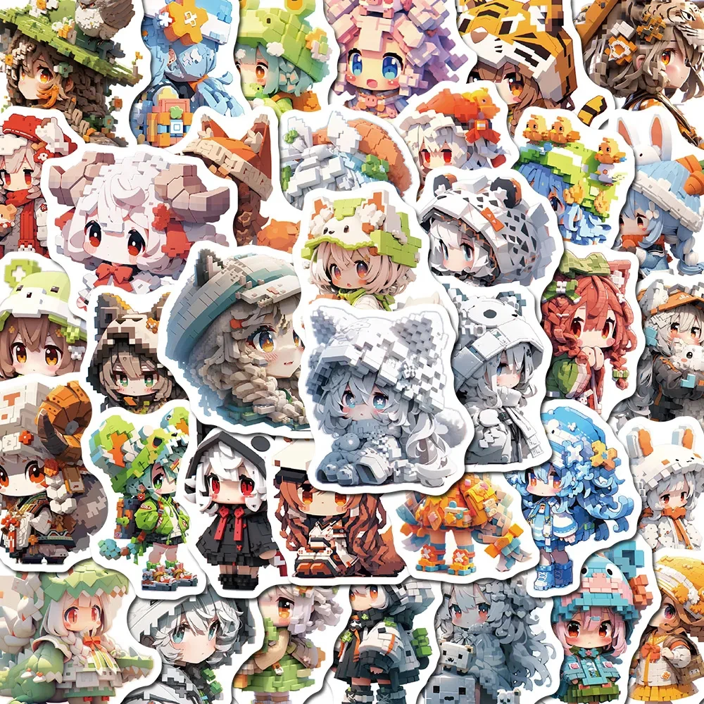 

10/30/50pcs Kawaii Pixel Q Edition Animal Girl Sticker Aesthetic DIY Laptop Bicycle Luggage Waterproof Anime Cartoon Decals Gift