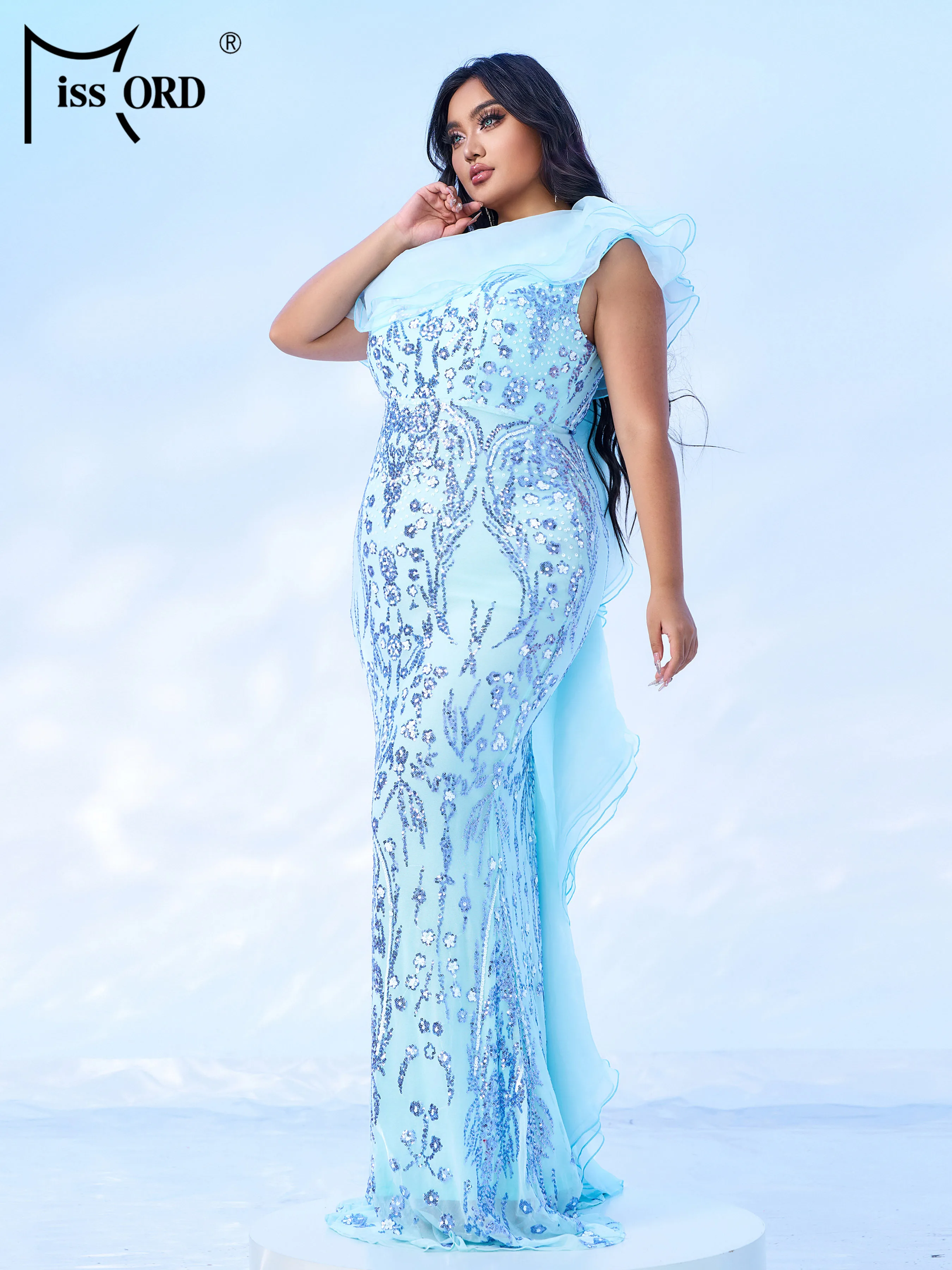 Missord 2024 Blue Plus Size Church Dress Asymmetric Sequin Mermaid Evening Gown Wedding Birthday Party Formal Occasion Dresses