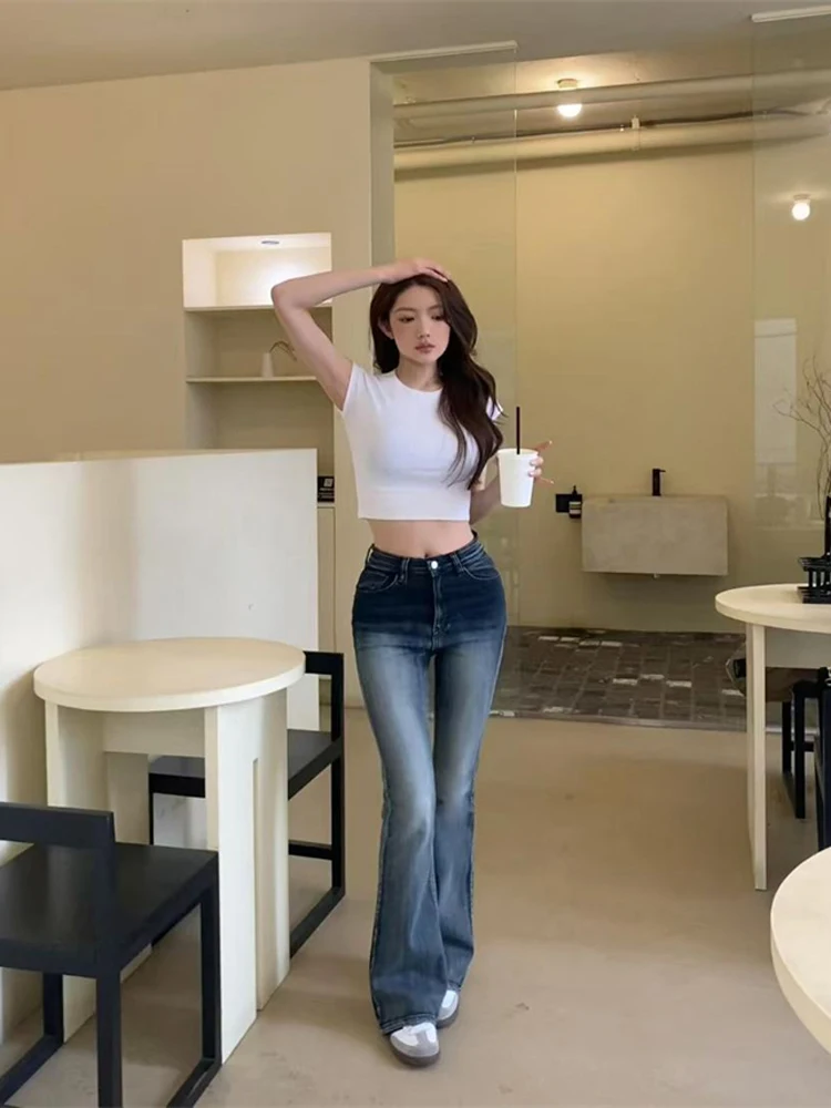 

High Waist Distred Denim Jeans Women's Slimming Micro Flared Long Trousers Casual Sle Cotton Stretch Denim Spring Autumn