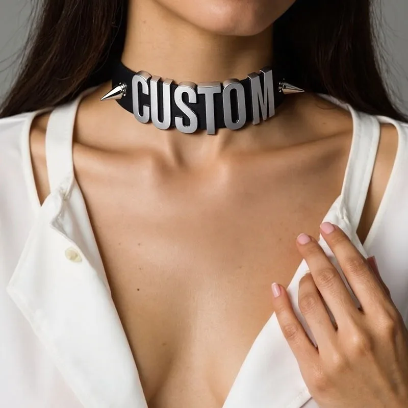 Punk Rivet Customized Letters Collar Spikes Choker Necklace DIY Personalized Sexy Wide Leather Chocker Gothic Cosplay Jewelry