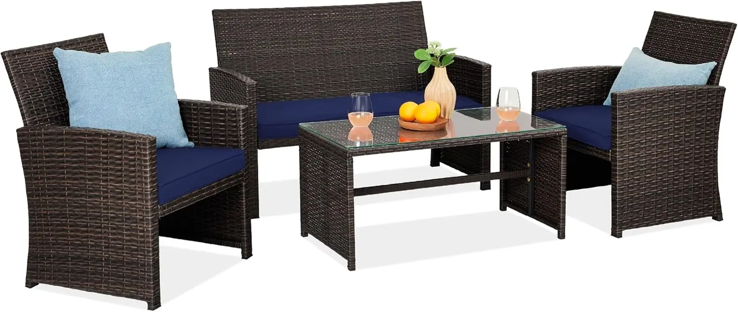 4-Piece Outdoor Wicker Patio Conversation Furniture Set for Backyard w/Coffee Table, Seat Cushions - Brown/Navy