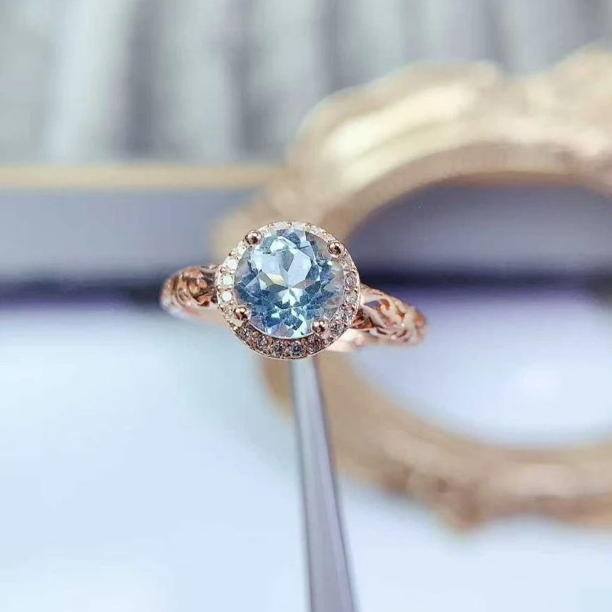 Ligth Blue Topaz Ring 925 Silver Gemstone Ring with 18K Gold Plating 7mm 0.8ct Genuine Topaz Silver Ring