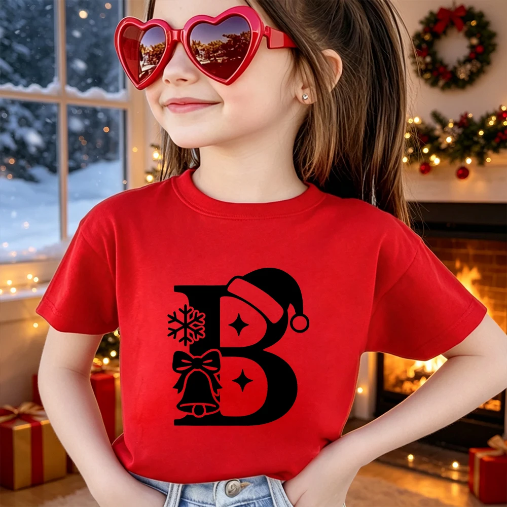 Christmas Santa Hat A‑Z Alphabet Print Kids T‑Shirt Children's Cotton Boys Girls Short Sleeve O‑Neck Xmas Holiday Party Tee Top
