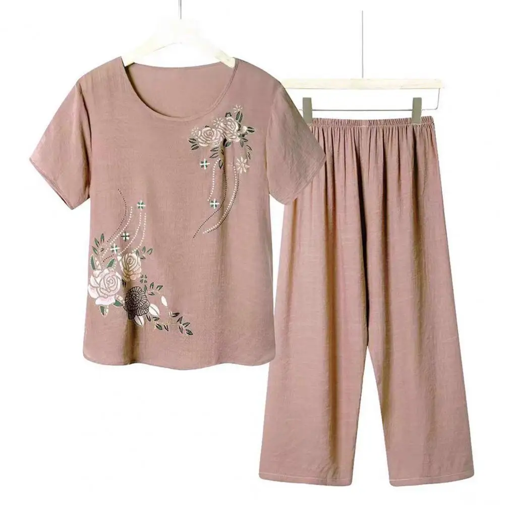 Floral Print Top Pants Set Floral Print Homewear Set Stylish Women's Pajamas with Wide Leg Pants Elastic Waist Short Sleeve Top