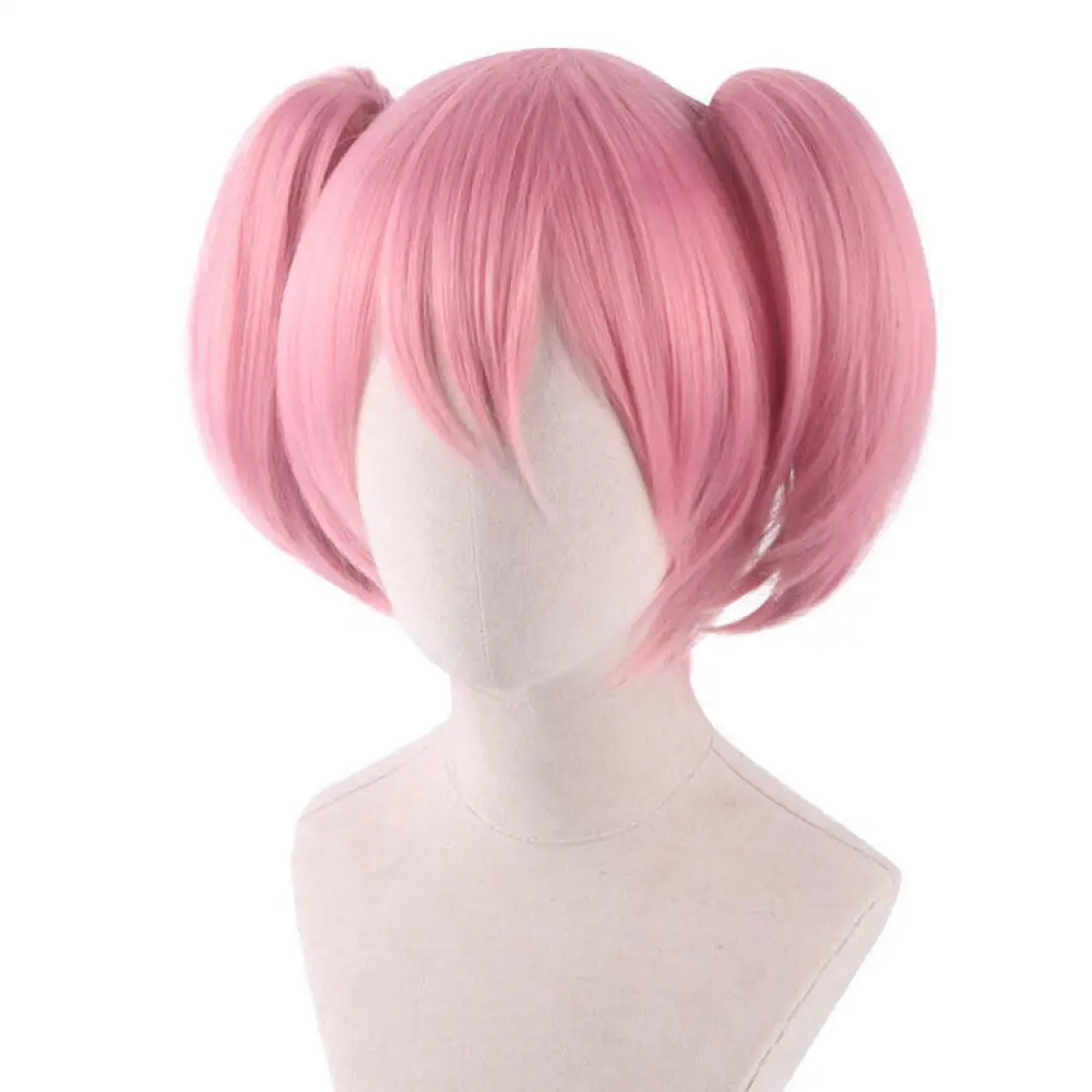 Nuevo 2026 Anime Madoka Kaname Cosplay peluca rosa 30CM doble cola de caballo estilo corto con gorro de peluca gratis pelo sintético resistente mujeres