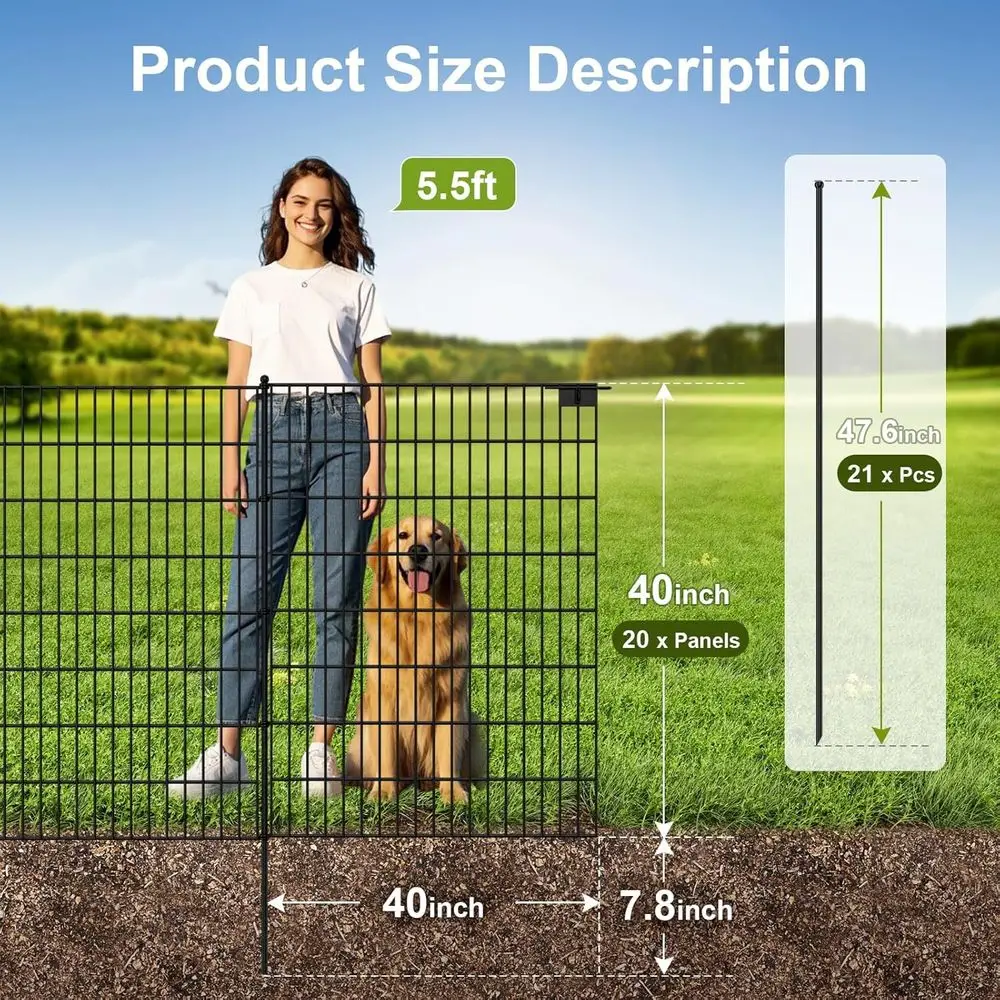 20-Panels No Dig Decorative Fence 40 in(H) x 50 ft(L), Tall Garden Fence Animal Barrier, Removable Fence for Garden, Rustproof M