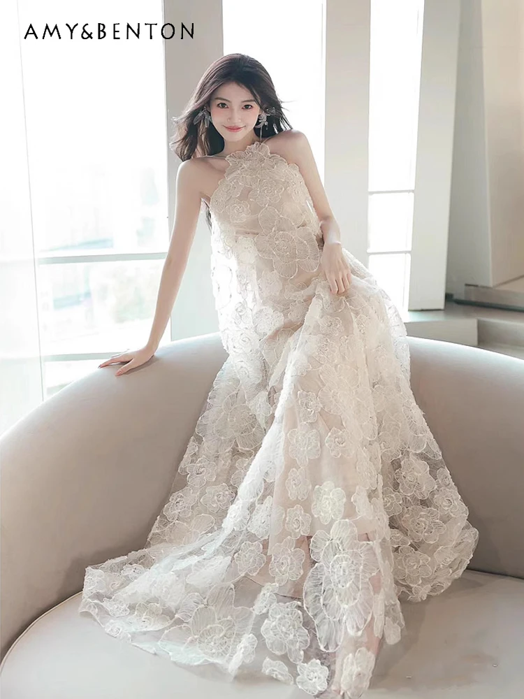 

French Style New Women's Halter Neck High-End Light Luxury White Engagement Banquet Long Nude Base Floor-Length Gown Dress