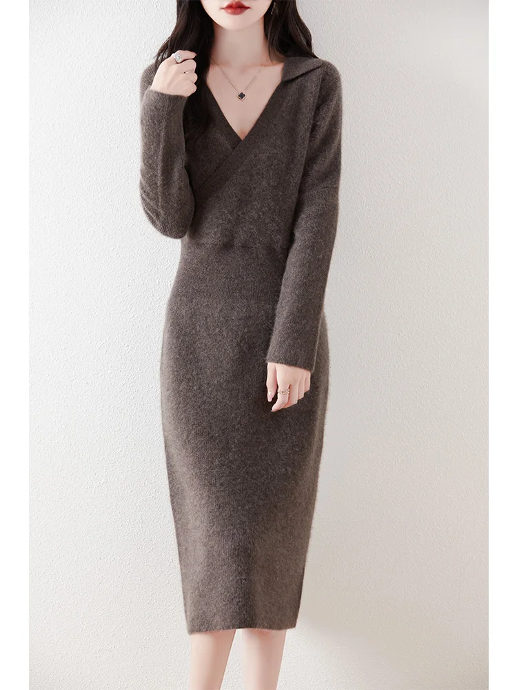 100% Merino Wool Women\'s Knitted Long Dress, Waist, Lapels, Loose, Elegant, Casual, Fashionable, Sweater, 2024 Autumn/Winter