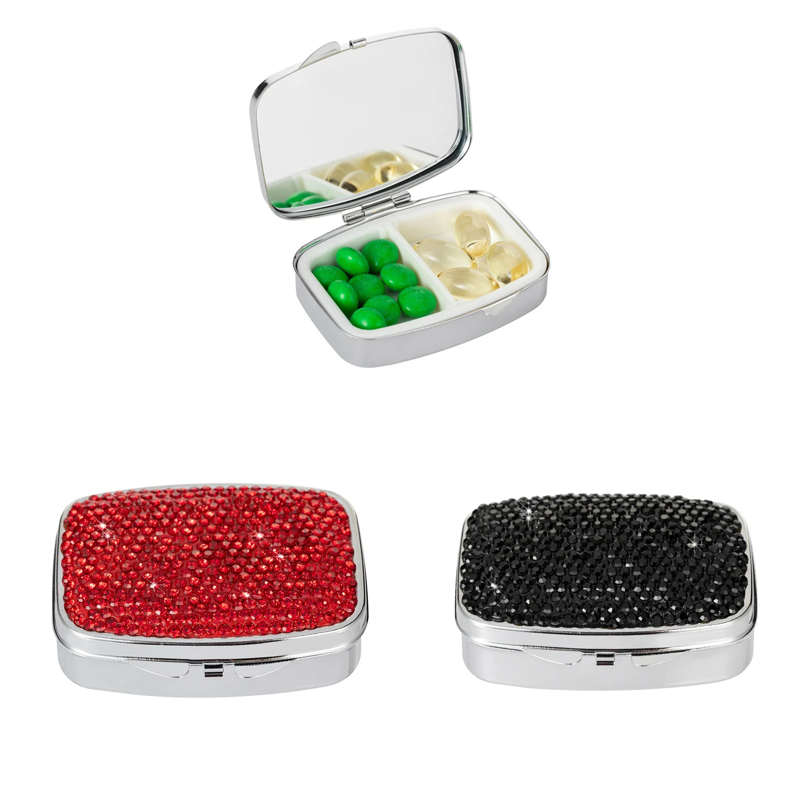 1pcs Portable 2 Compartments Daily Pill Organizer, Bling Crystal Diamond Pill Box,Pill Dispenser,Container Organizer To Fish Oil