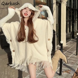 Hooded Capes Women Hollow Out Vintage National Style Female Long Sleeve Knitted Ponchos Retro Ripped Holes All-match Soft Solid