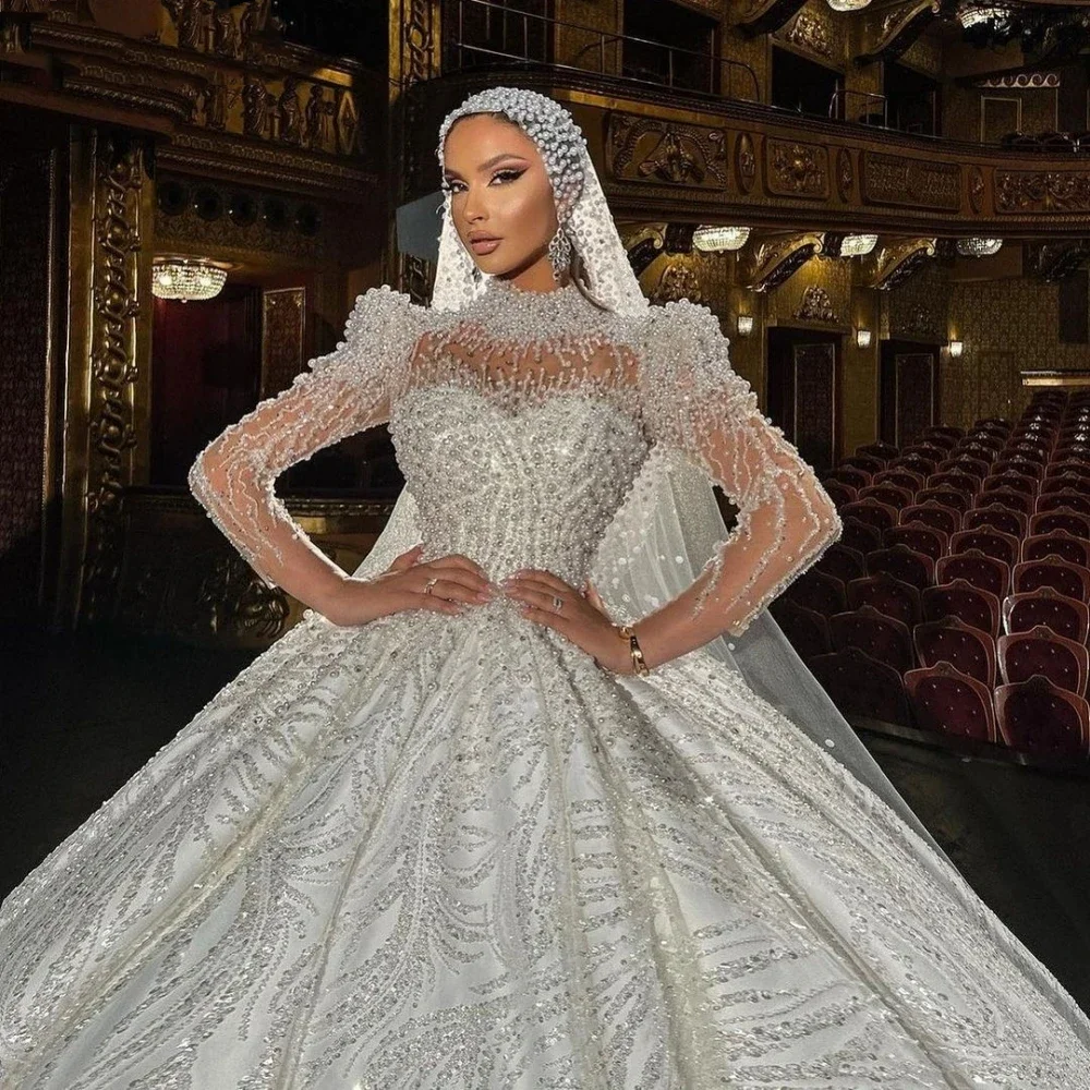 Customized Muslim High Collar Long Sleeve Wedding Dress Luxury Beads Pearls Bridal Gown Ball Gowns For Bride Vestidos De Novia