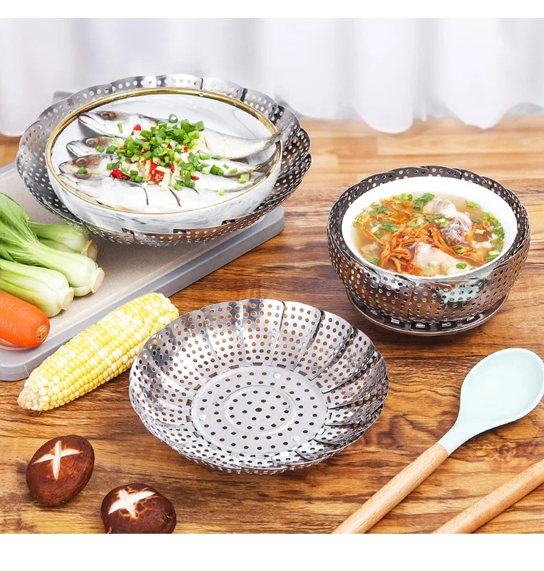 

Folding Dish Steam Stainless Steel Food Steamer Basket Mesh Vegetable Cooker Steamer Expandable Pannen Kitchen Accessories