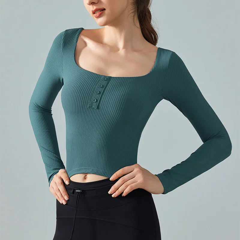 

Long Sleeve Women Square-cut Collar Yoga Fitness Slim Crop Top Professional Pilates Fitness Gym Breathable Skin-friendly Top