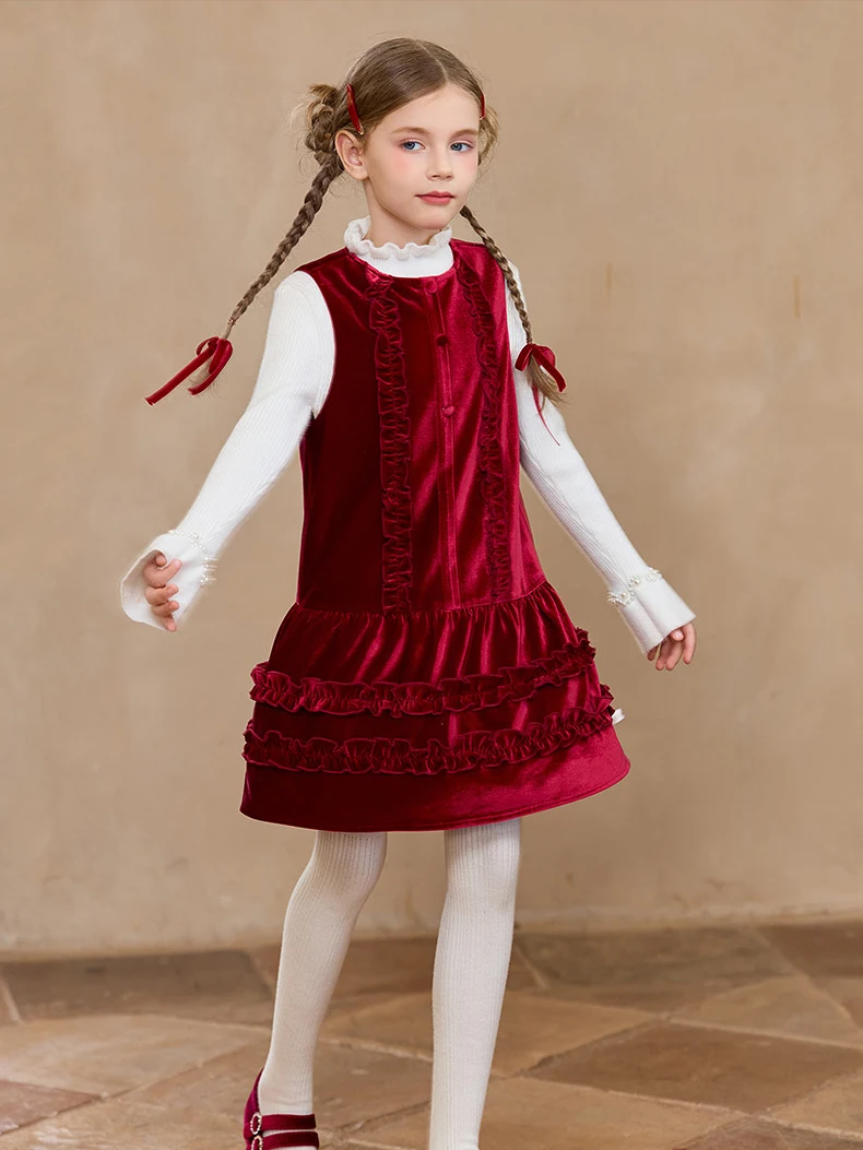 Girls Premium Red Velvet Christmas Dress with Fleece Lining, Sleeveless Holiday Party Gown for Birthday, Easter, Pageant