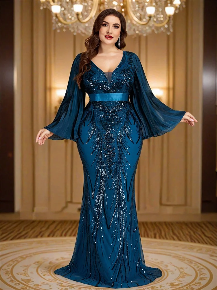 Lucyinlove Plus Size Luxus-Abendkleider mit Pailletten und langen Ärmeln, schmal geschnitten, für Damen, elegante Meerjungfrau-Formelle Party-Cocktailkleider – Detail 2