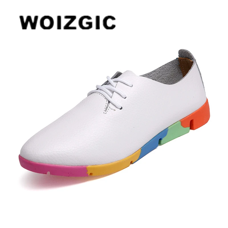 WOIZGIC Women Mother Female Ladies Shoes Flats loafer Cow Genuine Leather Soft Pigskin Casual Lace Up Footwear 35-44 AZE-910