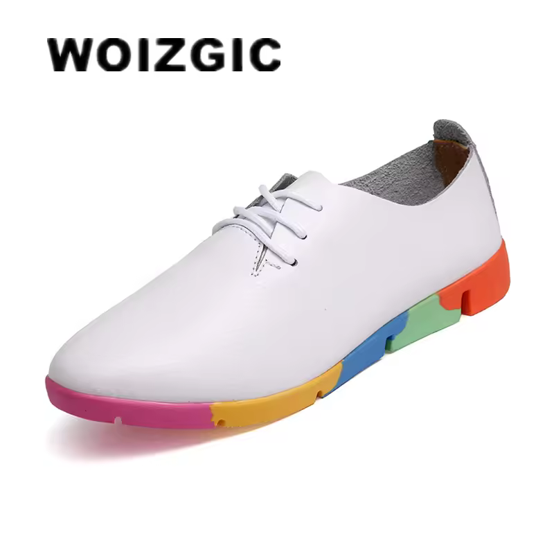 WOIZGIC נשים אמא נקבה גבירותיי נעלי דירות בטלן פרה אמיתי עור רך עור חזיר מקרית תחרה עד הנעלה 35-44 AZE-910