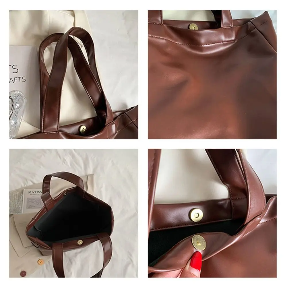 자석 버클 PU 가죽 토트백 단색 세로형 사각 휴대용 숄더백 편안한 손잡이 다용도