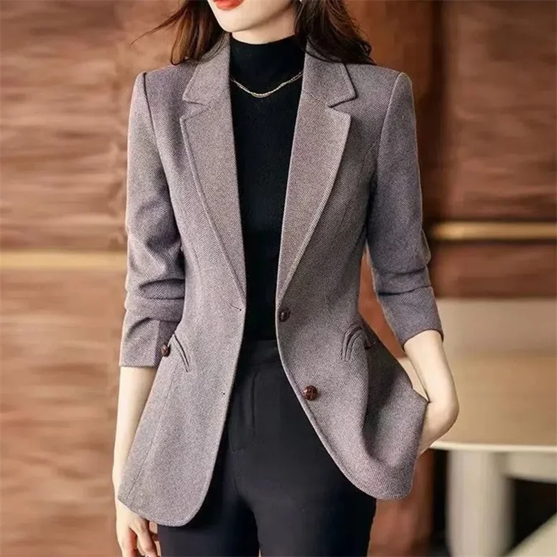 Female High-end Touching Herringbone Pattern Woolen Suit Jacket Women 2022 Autumn Winter New Temperament Grace Slim Small Blazer