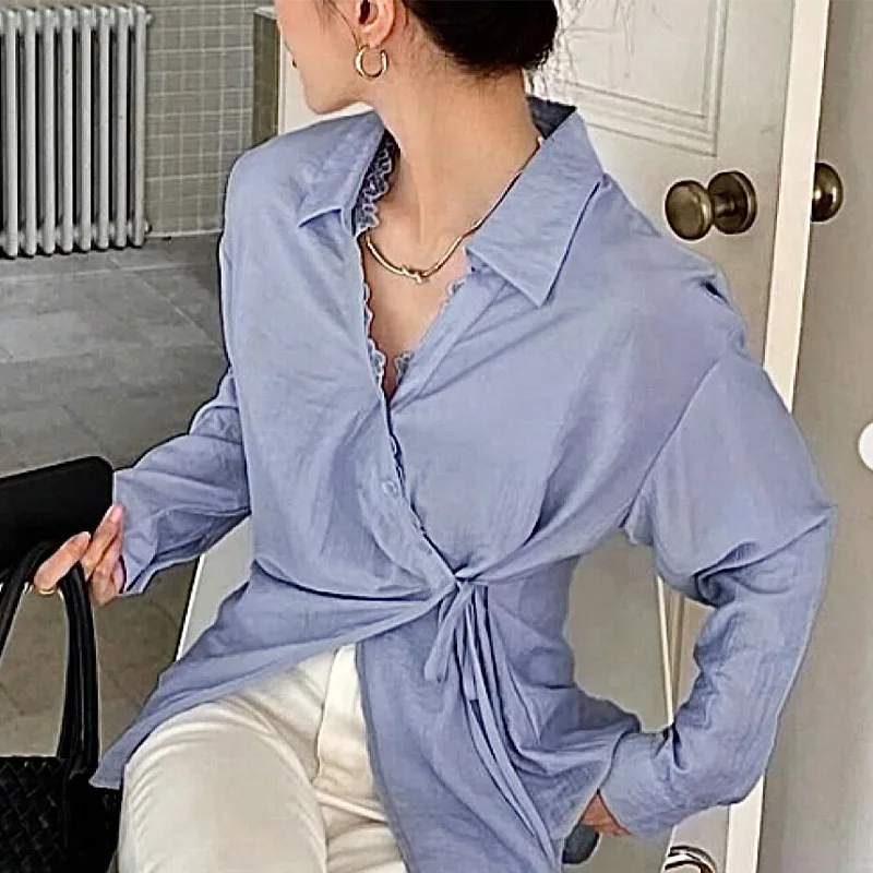 

Long Sleeve Shirt Lace-up Shirt Cardigan Women's Clothing 2026 Autumn Intellectual Style Blue