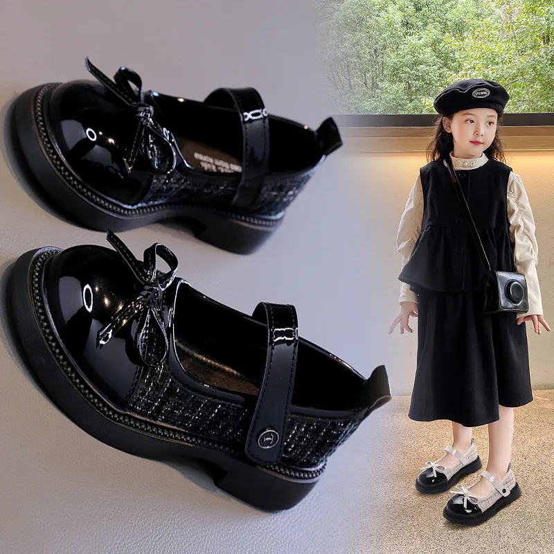 Butterfly Knot Anti Slip Round Toe Girls Leather Shoes Spring Autumn Outdoor PU Sweet Princess Leather Shoes Sandalias De Mujer