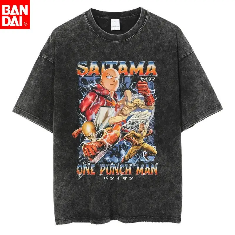 One Punch Man Saitama Vintage Retro Print T-Shirt Herren 2026 Sommer Schwarz Oversized Tee Anime Streetwear Harajuku Loose Cotton