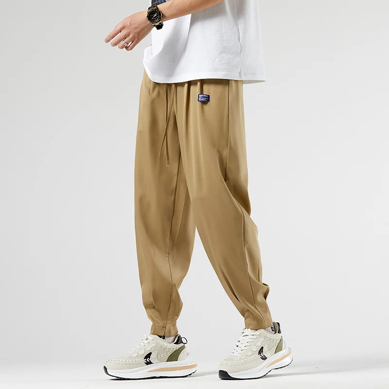 

2023 Summer Men's Khaki Harem Pants Thin Oversized Tapered Casual Stretch Waist Zipper Slit Ankle Length Big Size Clothing Man