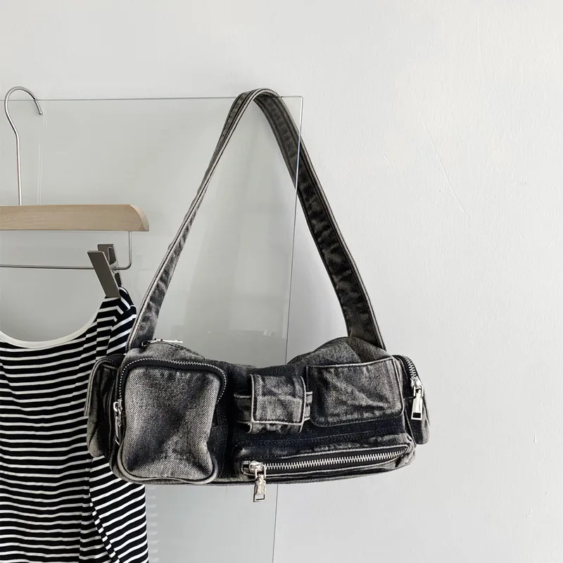 Women Denim Crossbody Bag Casual Large Capacity Shoulder Bag Vintage Solid Color Messenger Bag Multi-Pockets Zipper Commute Bag
