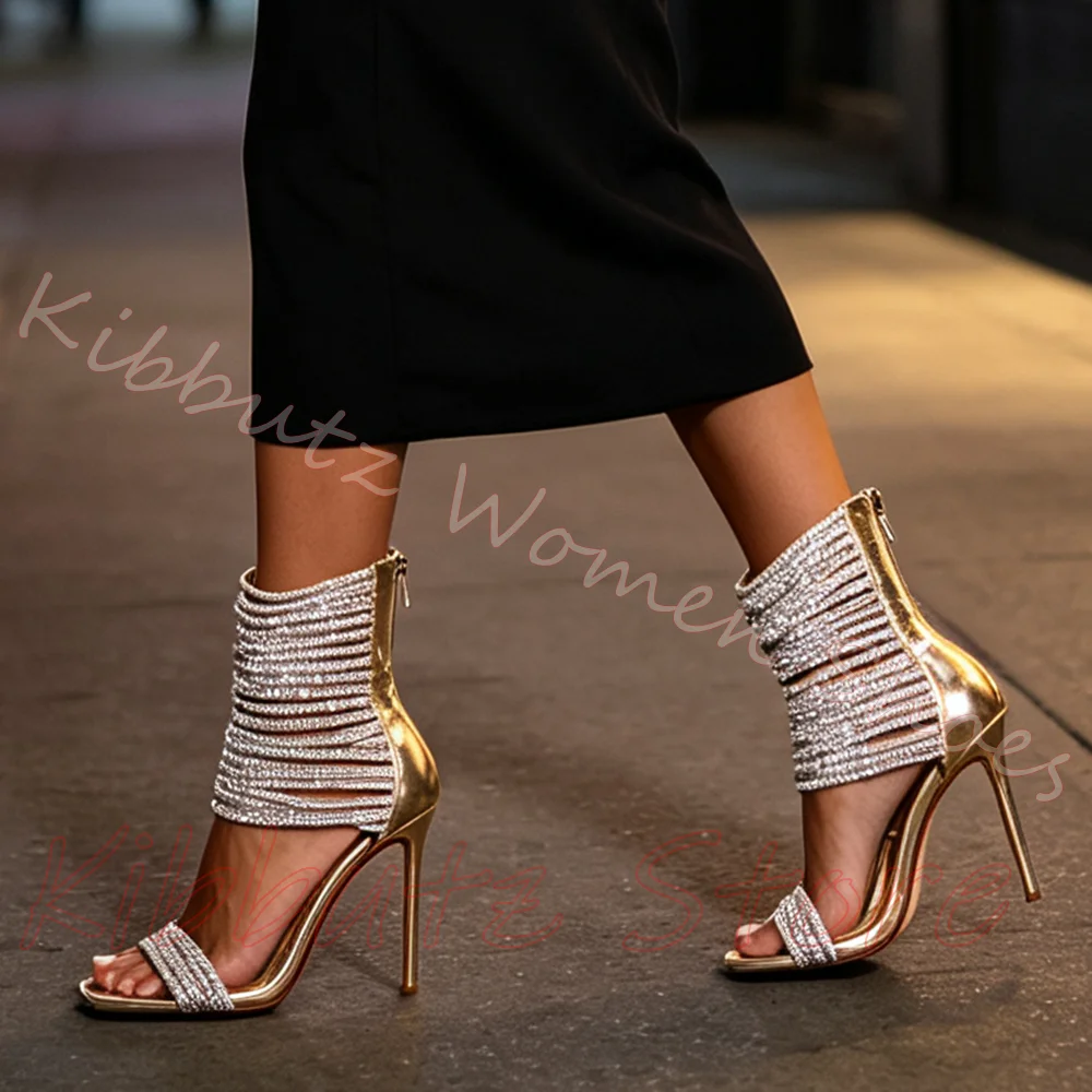 Multi Wrap Strap Sandal Back Zipper Square Toe Stiletto Ankle Women Glitter Metallic Runway Fashion Footwear Leather Mixed Color