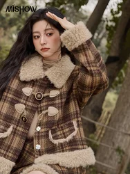 MISHOW Plush Bustier Vintage Plaid Splicing wool Jacket Short Skirt Separately 2024 Winter Lapel Coat Retro Skirts MXD34W0514