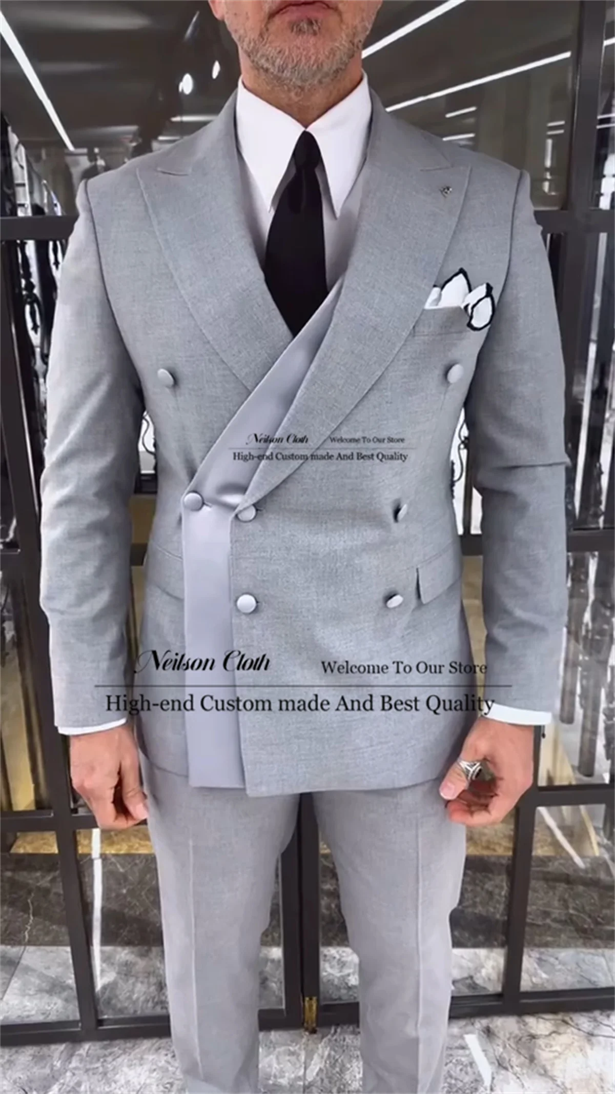 

Fashion Grey Male Prom Blazers Double Breasted 2 Pcs Sets Groom Wedding Tuxedos Peaked Lapel Customized Business Costume Homme