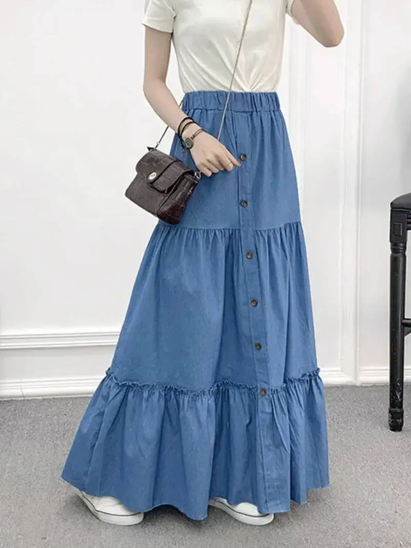 

Осенние однотонные юбки с эластичной резинкой на талии, модные женские джинсовые синие юбки, элегантные рабочие верхние юбки трапециевидной формы, повседневные свободные праздничные 6IRE