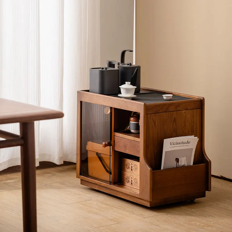 Ash wood sofa side table, all solid wood side cabinet, mobile boiling water, tea table integrated tea cabinet, small apartment c