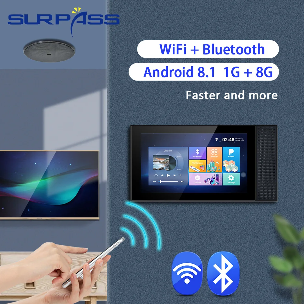 Inteligentny domowe Audio 7 calowy wzmacniacz WiFi TUYA ekran dotykowy Android 8.1 System pełnozakresowy wpuszczany Bluetooth w zestawie głośnik sufitowy
