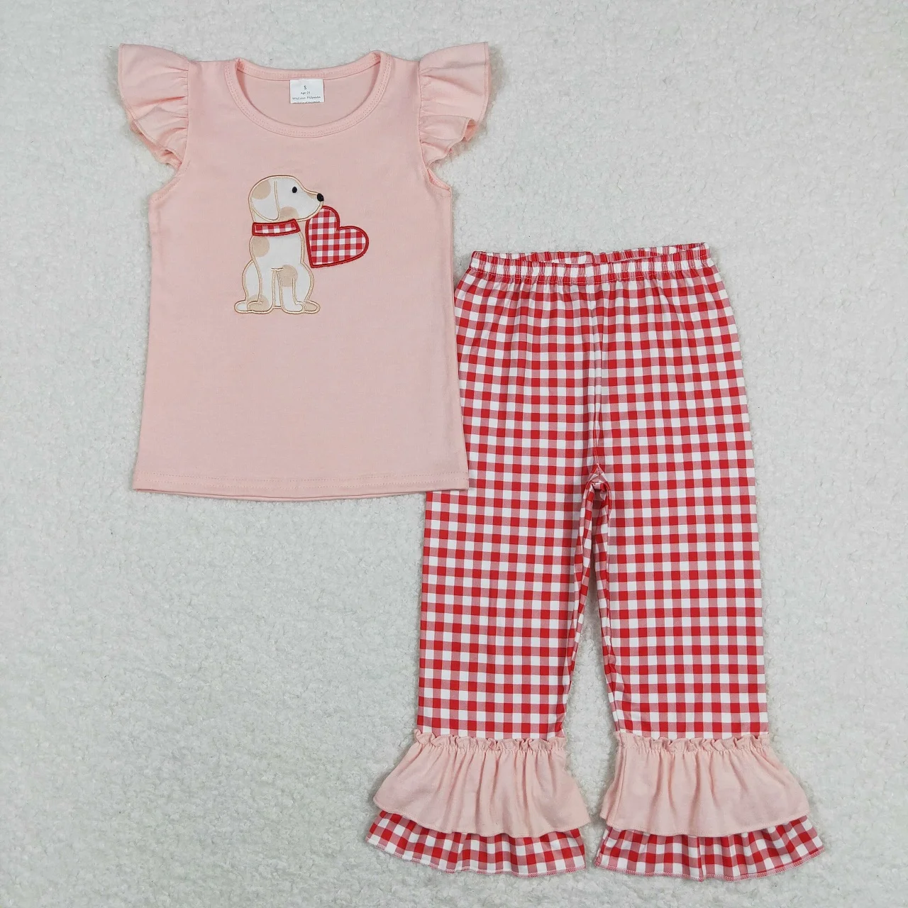 Wholesale Infant Children Set Short Sleeves Embroidery Dog Heart Shirts Kids Plaid Pants Boy Girl Toddler Valentine's Day Outfit