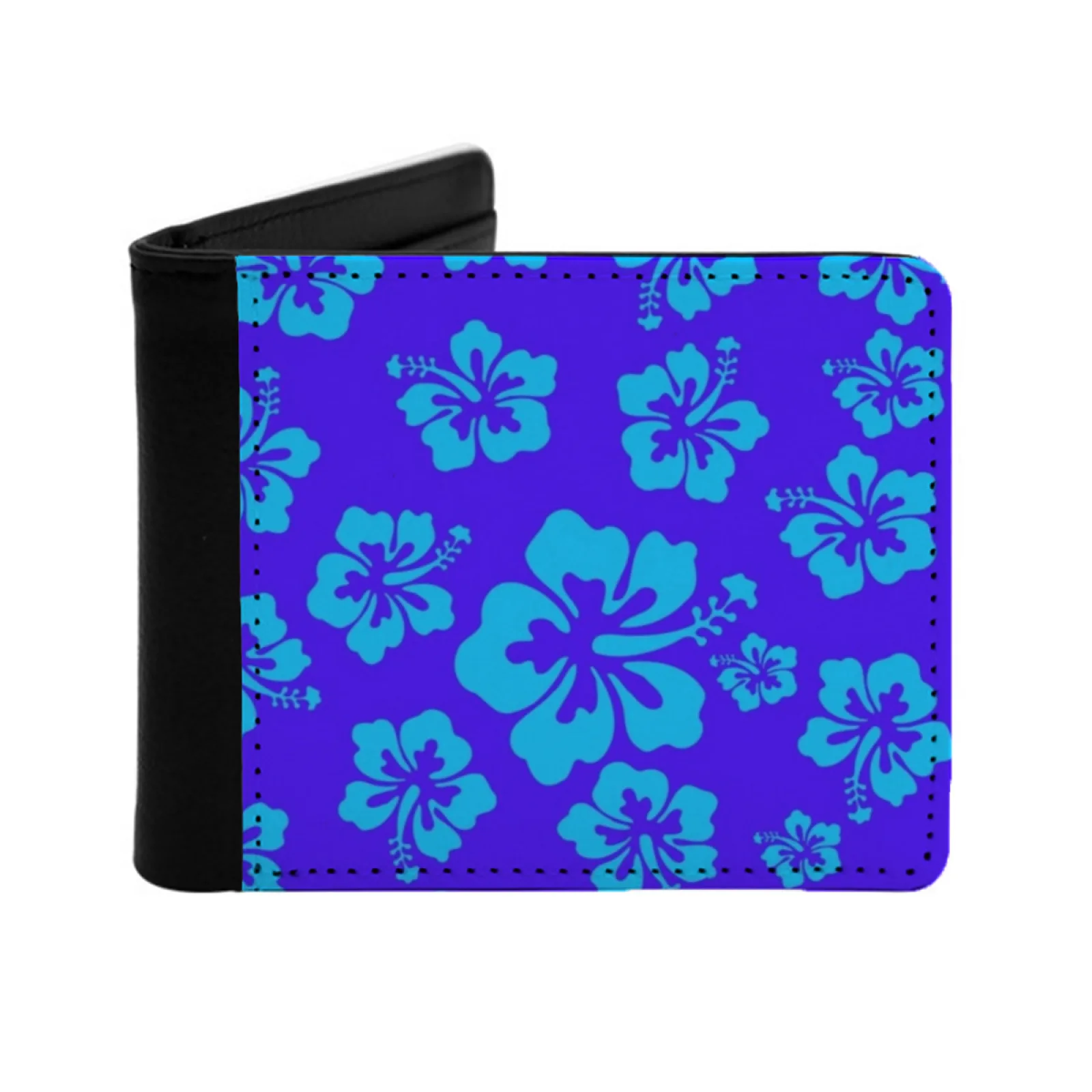 Aqua Blue Hibiscus Floral Pattern Hawaiian Tropical Print Men Wallets Card Man Wallet Short Purse Bi-Fold Personalized Purses