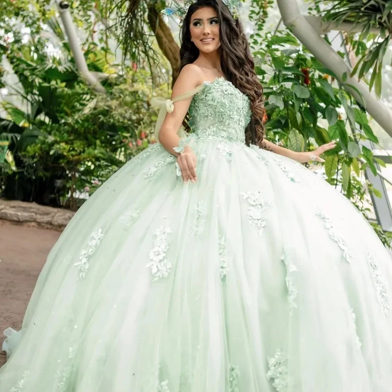 ANGELSBRIDEP Sage Green Quinceanera Dresses Off-Shoulder Beading Flower Lace Vestidos De 15 Anos Birthday Party Prom