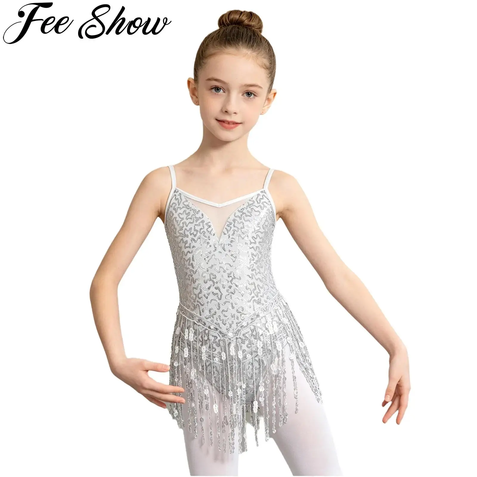 Kids Girls Tango Cha Cha Samba Latin Jazz Dance Dress Sleeveless Shiny Sequins Tassels Leotard Ballet Skating Gymnastics Costume