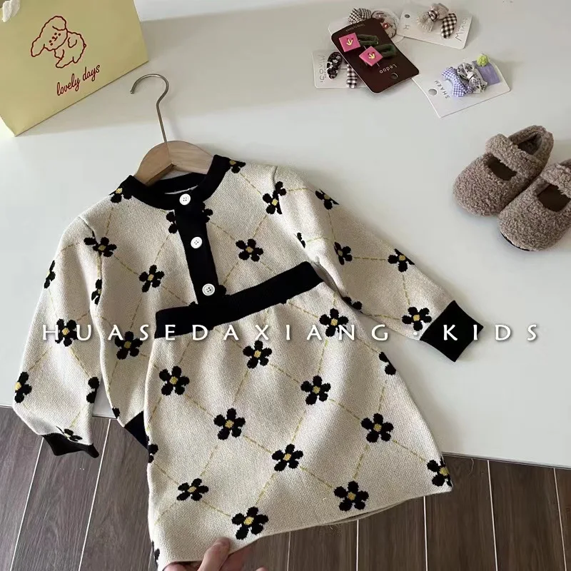 

Baby Girls Autumn Winter Wool Set New Korean Top Flowers Printed Sweater Cardigan+Short Skirt Two Piece Sweet Suit 2-7 Years old