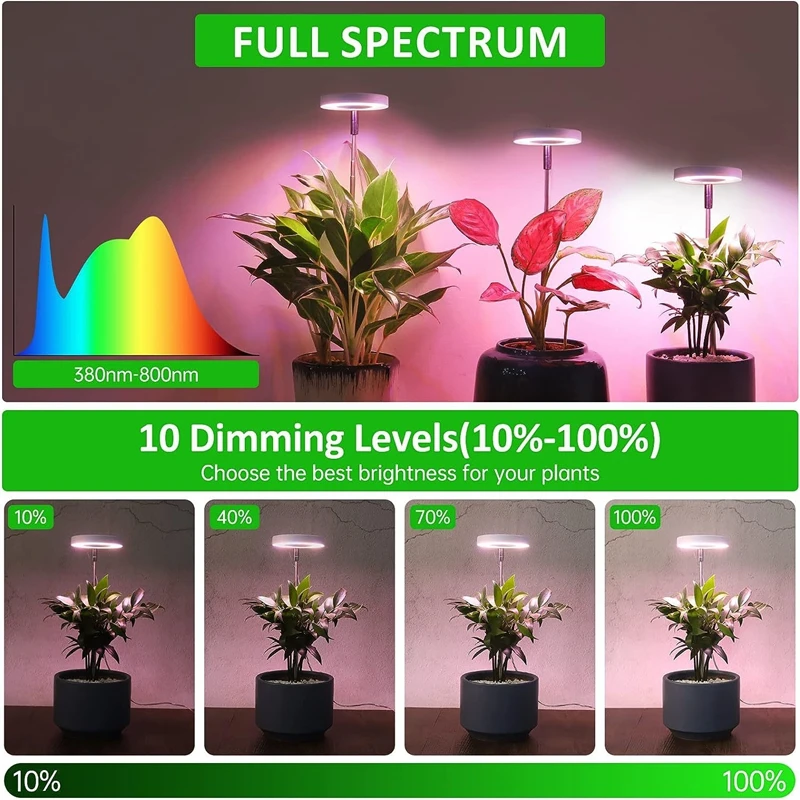 Luz LED de cultivo, lámpara de espectro completo para plantas, lámpara de cultivo regulable ajustable, lámpara hidropónica con temporizador para luz de plantas de interior