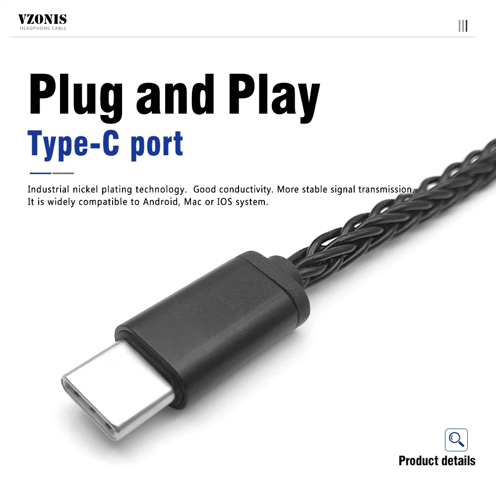 VZONIS Type-C Plug Upgrade Headphones Cable 8 Core Silver-Plated HIFI Earphones Balanced Audio Cable QDC/MMCX/2PIN Headset Wire