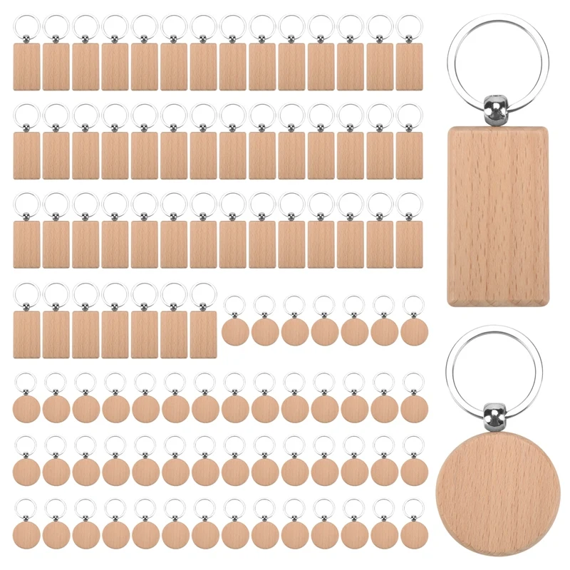 100Pcs DIY Blank Wooden Key Chain Rectangle Heart Round Ellipse Carving Key Ring Wood Key Chain Ring