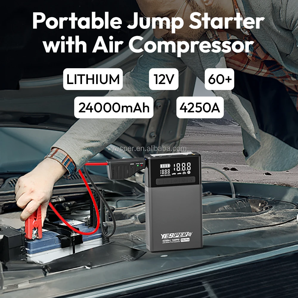 Yesper M6 Pro Mu-tifunction 24000mAh Portable Starter Jump 4250A Peak Current 160PSI Air Compressor for Tire Inflator